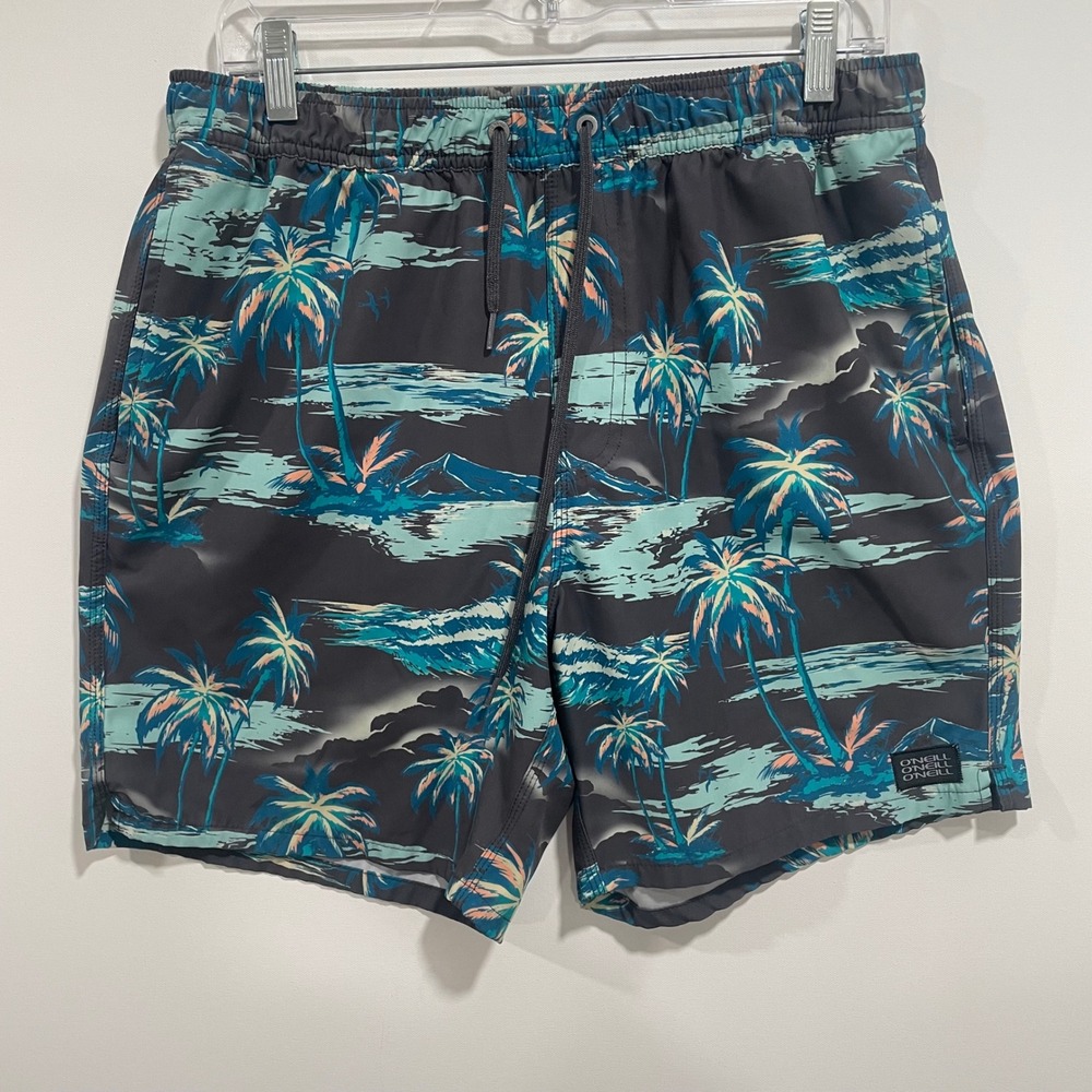 ONeill Hyperfreak Stretch Board Shorts Mens Large Tropical Palm Print Gray Teal
